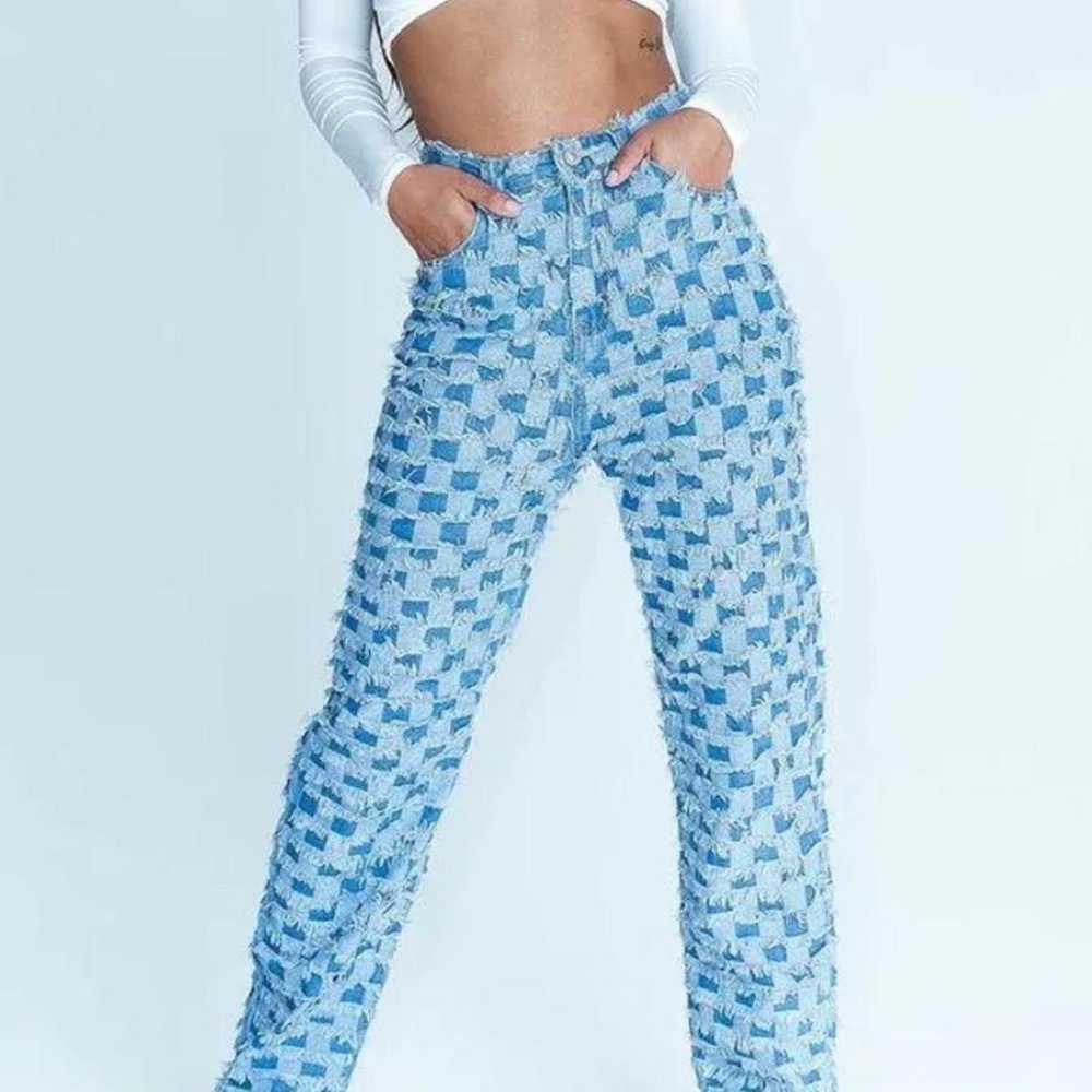 Princess Polly Blue Checkered Patchwork High Rise… - image 1